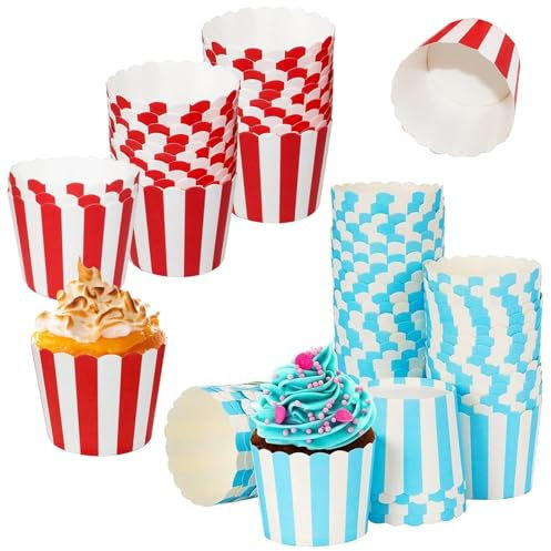 Muffin Papierförmchen, Cupcake Formen Papier 100 Stück, Rot und Blau Muffin Papierförmchen, Geburtstag Pappbecher, für Halloween, Geburtstage, Hochzeiten, Streifen