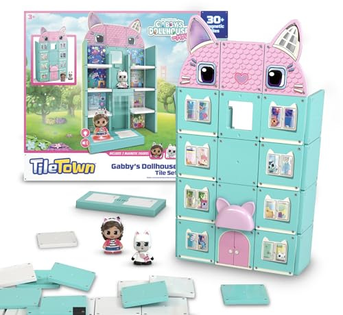 Tile Town Gabby's Dollhouse Tile Set with Gabby and Pandy Paws Figures, Magnetic Building Set, Interactive Toy, Safe and Creative Magnet Tiles, Buildable Tile Sets for Kids 3+