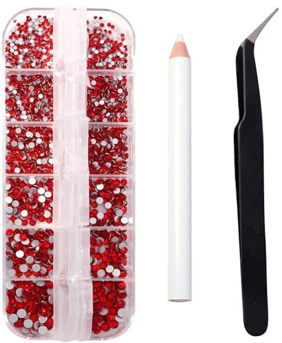Nail Art Rhinestones, 1500PCS Rhinestones in 6 Sizes, Nail Art Gems with Pick Up Tweezers and Rhinestone Picker Dotting Pen, Tools for Nails, Craft 1.5 mm - 4.0 mm (Red)