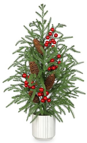 Arbrous 60cm Christmas Tree 2ft Small Table Top Christmas Tree Artificial Xmas Trees in Ceramic Pot Artificial Norfolk Pine Plant Trees with Red Berries, Pine Cones for Xmas Centerpiece Home Decor