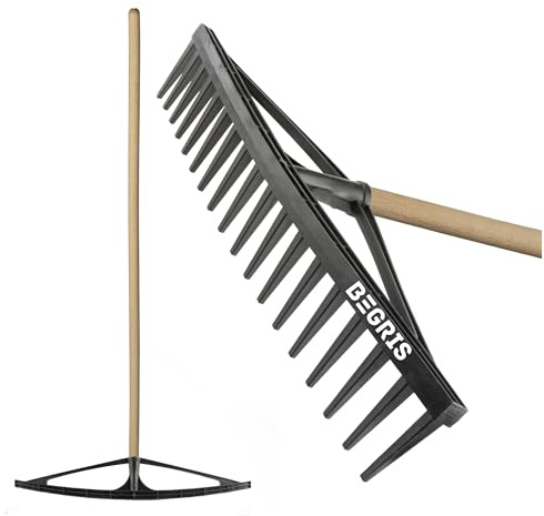 BEGRIS® Kunststoff Gartenrechen Verstärkt mit Stiel Breiter und bequemer Heurechen, Laubharke, Gartenrechen Robuster 18-Zinken-Rechen Holzstiel
