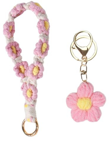 Boho Armband Schlüsselband mit Blumen-Schlüsselanhänger, Gänseblümchen Makramee Handgefertigtes Armband, Freihändiger Komfort Schlüsselanhänger Makramee, Schönes Geschenk für Frauen Mädchen (Rosa)
