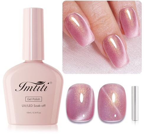 Imtiti Rose Gold Cat Eye Gel Nail Polish 10ML Magnetic Aurora Shimmer Pink Gold Soak Off UV LED Long Lasting 28+ Days High Gloss Salon Nail Art with Magnet Stick for Women Girls Gift 0.34 fl oz
