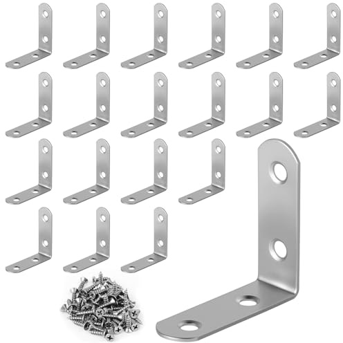 20 connettori angolari in acciaio inox 5x5 cm, rinforzati a 90° per mobili, antiruggine e alto carico - con viti - per mensole e gambe di tavoli
