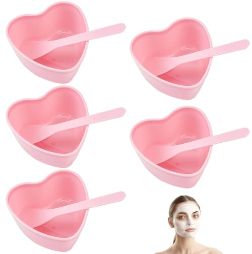 GORGECRAFT 5pcs Bol Mélangeur en Forme de Cœur pour Masque Facial avec Spatule Bol pour Masque à L'Argile Kit de Soins de la Peau Femmes Professionnels Usage à Domicile en Salon de Beauté Rose