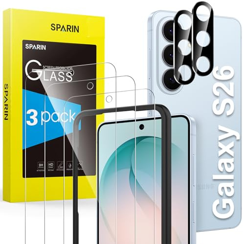 SPARIN für Samsung Galaxy S26 Panzer Schutz Glas, 3+2 Stück | Fingerabdruck-ID Unterstützen, mit Montagerahmen, 9H Härte, Kratzfest, HD-Klar, 3 Stück Schutzfolie und 2 Kameraschutz