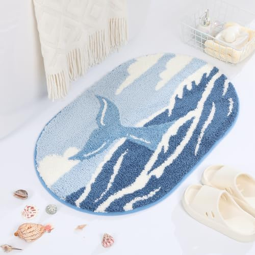 Loismood Süße Ozean-Badematte Super saugfähig rutschfest Moderne Badezimmermatte Maschinenwaschbar Flauschiger Teppich für Badewanne, Dusche und Schlafzimmer (Fischflosse, 80 cm x 50 cm)