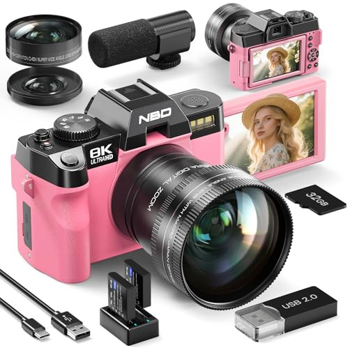 NBD Appareil Photo Numérique 8K 64MP, Autofocus, Zoom Numérique 16X (Rose) | Écran 3 180°, WiFi, Micro Externe, Grand Angle/Macro, 2 Batteries, Carte 32Go, Vlog, Voyage, Débutants