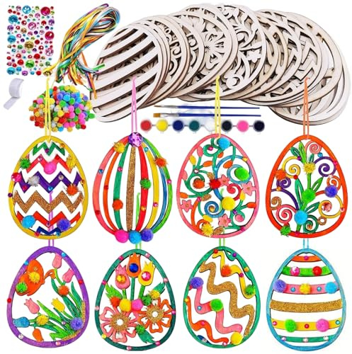 Holzanhänger Ostern Zum Bemalen,109 Stück Ostern Basteln Kinder,DIY Deko Ostereier Mit Aquarellstift,Strass,Deko Schnur,Pompons,Diamantaufkleber Osterdekoration