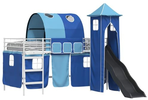 vidaXL Kinderloftbett Weiß und Blau 80 x 200 cm Metall, Kindermöbel, multifunktionales Hochbett mit Rutsche, modernes Schlafpod, cooooler Etagenrahmen