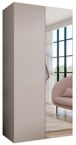 MEBLE KRYSPOL - Kleiderschrank - Garderobenschrank - 100 cm x 202 x 52 cm - Schrank mit Kleiderstange und Spiegel, 2 Türen - für Schlafzimmer, Flur - SANDI, Kaschmir, Griff Kaschmir