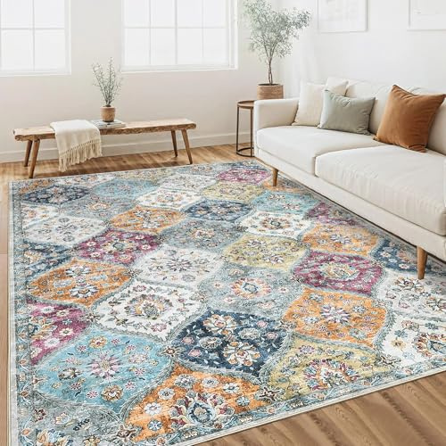 LuxFocus Alfombra Boho Salón 200 x 290 cm, Alfombra Vintage con Estampado de Flores de Diamantes para Dormitorio, Alfombra Plegable Interior Antideslizante para Comedor, Amarillo Lila