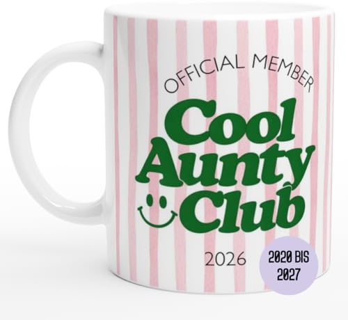 Tasse Cool Aunty Club Rosa/Grün 2026 mit Wunschjahr 2020-2027 oder ohne Jahr | Geschenk für werdende Tante | Geschenk Schwangerschaft verkünden Schwester (Aunty Rosa)