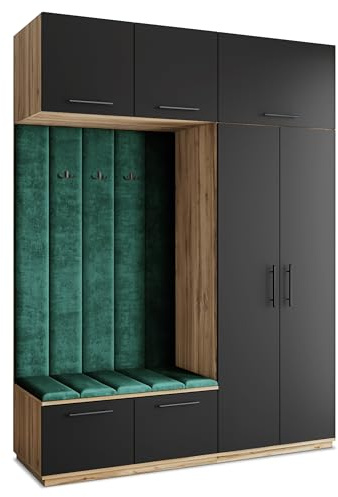 Masseno Flugarderoben Set Rema, Kleiderschrank-Set mit Sitzbank, Garderobenschrank Flur mit 5 Regalböden, Eiche Wotan/Schwarz