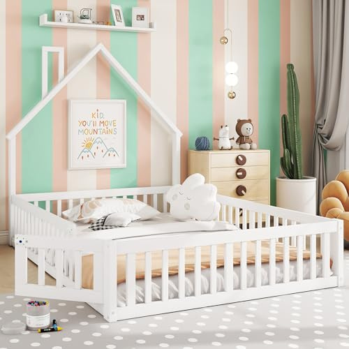 LZPUOUI Cama Casita 140x190 Blanco Estructura Montessori con Chimenea Decorativa y Barrera de Seguridad en Madera Maciza de Pino Somier Incluido para Dormitorio Juvenil Mueble de Hogar