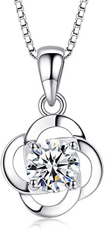 Kamise Halskette Damen, Silberkette 925 Sterling Silber, Kette Klee Anhänger mit Weiß Zirkonia & 45cm Silber Kette, Ketten Schmuck mit Geschenkbox für Mutter Mädchen Zum Muttertag Valentinstag
