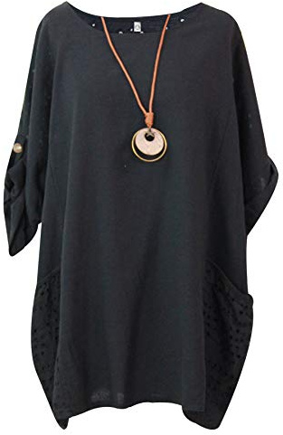 Storm Island Ladies Italian Plain Top Women Lagenlook Cotton Baggy Dress Two Pockets Necklace SI099