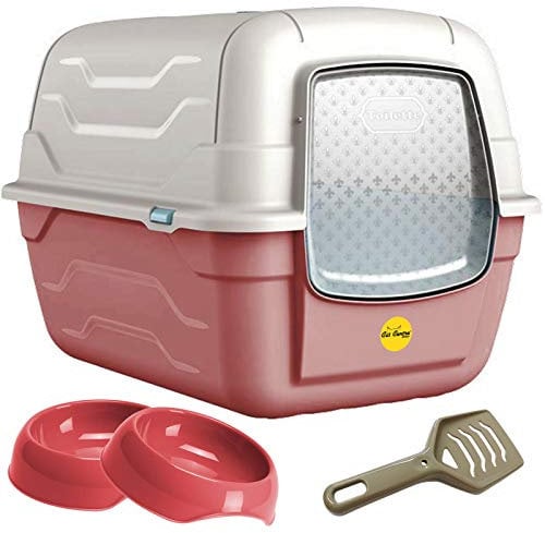 CatCentre Pink Large Hooded Luxury Cat Litter Tray & Gusto Food Water Bowls Bundle