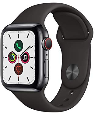 Apple Watch Series 5 (GPS + Cellulaire, 40MM) Boîtier En Acier Inoxydable Gris Sidéral Avec Bracelet Sport Noir (Reconditionné)