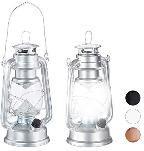 Relaxdays 2 x Sturmlaterne LED, Retro Sturmlampe als Fensterdeko oder elektrische Gartenlaterne, batteriebetrieben, Silber