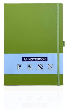 A4 Notizbuch, gebunden, liniert, Notizblock, liniert, Tagebuch, mit Stifthalter, Premium-Qualität, gebundenes Buch (grün)