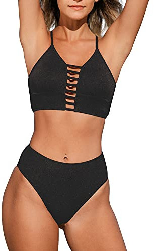 CUPSHE Damen Bikini Set Riemchen Lace Up Bikini Bademode Cut Out Zweiteiliger Badeanzug Swimsuit Schwarz S