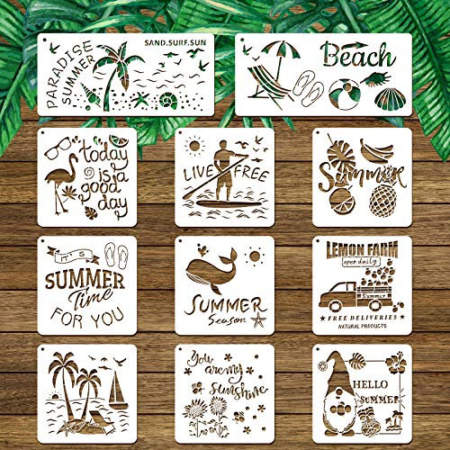 11 Stücke Tropische Hawaiianische Schablonen Sommer Thema Schablonen für Malen auf Holz Wiederverwendbare Malschablonen Vorlage für Sommer DIY Holzschilder Grußkarte Scrapbook, 2 Größen