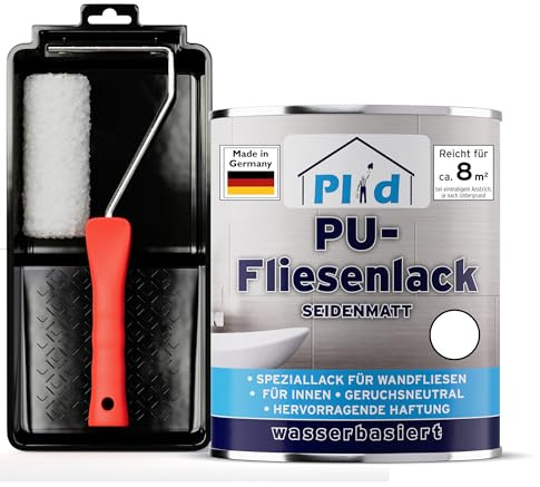 Plid Fliesenfarbe Weiß Satin 0,75 l – mit Lackierset | Fliesenlack Bad & Küche | Feuchtigkeitsbeständig | Hochdeckend | Wandfliesen Innen | ca. 8 m² | Made in Germany