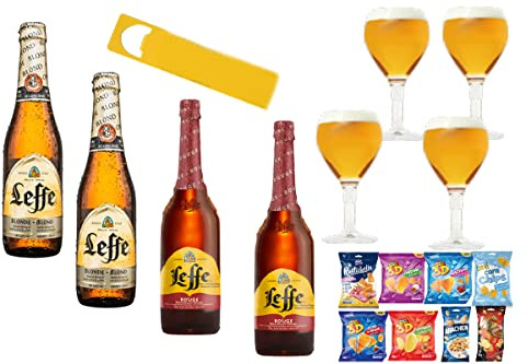 Leffe Birra mini Kit Duo Leffe Birra Blonde e Leffe Rouge, 4 x 33 cl + 4 calici 0,25 + 1 apri bottiglia + 6 snack OMAGGI