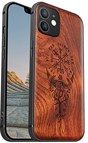 Carveit Magnetisch Hülle für iPhone 12 [Elegante Rosenholz] [Weich TPU Stoßstange] Stoßfeste Handyhülle Kompatibel mit 12 Magsafe Hülle Holz （Wikingerkompass Vegvisir）
