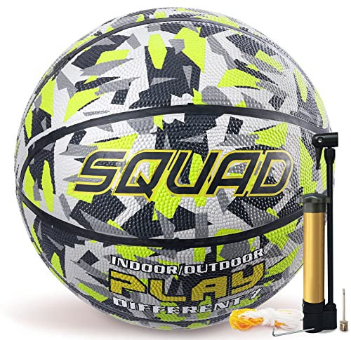 SQUAD Größe 7 Gummi Basketball - Indoor & Outdoor, Camouflage Design, Straßentraining für Erwachsene, Inklusive Pumpe und Nadel