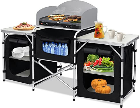 XMTECH Campingküche mit Aluminiumgestell Campingschrank Ink. Tragetasche,Outdoor Camping Küche,Reiseküche Küchenbox Zeltschrank,pflegeleicht und leicht 174 x 46 x 110 cm