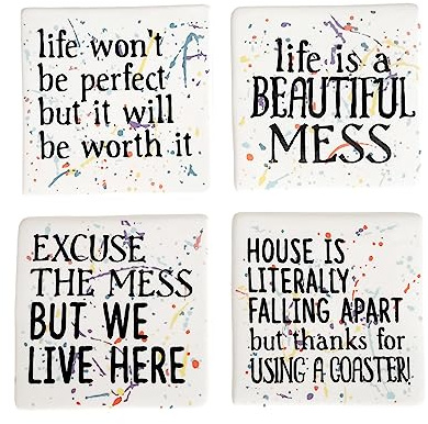 Enesco Our Name is Mud Messages Paint Splatter Drink Coaster Set, 3.94 Inch, Multicolor