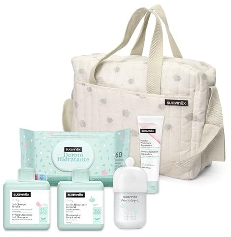 Suavinex, Bolso Carro Bebé con Cosmética: Gel Champú Syndet 300 ml + Loción Hidratante 300 ml + Pomada Pañal 50 ml + Baby Cologne 100 ml + Toallitas 60 Uds. Recién Nacido, Gris Beige