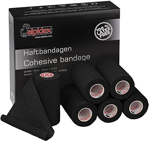 ALPIDEX 6 Rollen Haftbandage 10 cm x 4.5 m Verband Selbstklebend Elastisch Pet Bandagen Fixierband Sport Vet Wrap Tape Selbsthaftend Verbandsmaterial Pferde Hunde Menschen, Farbe:schwarz