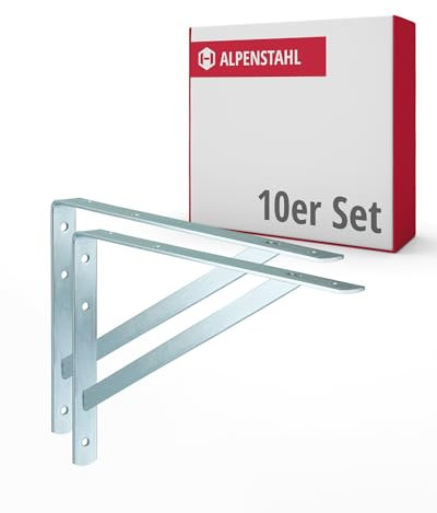 ALPENSTAHL Schwerlastwinkel [ATHENA] 10 Stück Regalwinkel I Tiefe 250 mm I Schwerlastkonsole verzinkt, Grau I Wandhalterung Regal Tragkraft 300 kg I Winkel Metall massiv | Metallwinkel 90 grad