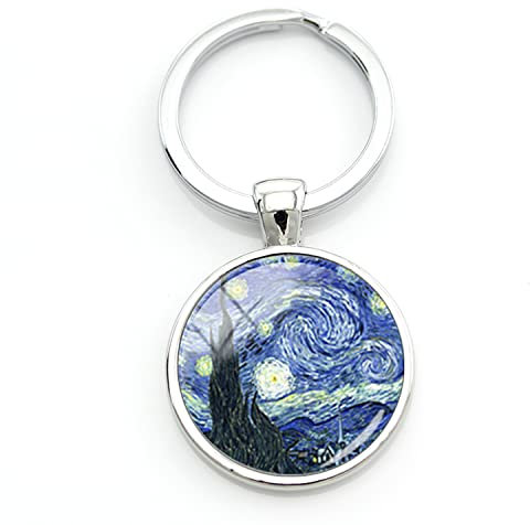 Schlüsselanhänger aus Glas, Metall, Ringhalter, für Herren und Damen, Schmuck, Van Gogh, Sternennacht, abstrakte Kunst, Schlüsselanhänger, Kunstwerk, Geschenk, silber, 25