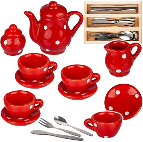 alles-meine.de GmbH 27 TLG. Set Puppengeschirr/Teeservice & Kaffeeservice + Besteckset - Bunte Punkte - Geschirr Porzellan/Keramik - Porzellangeschirr - Kinderküche - Pickn..