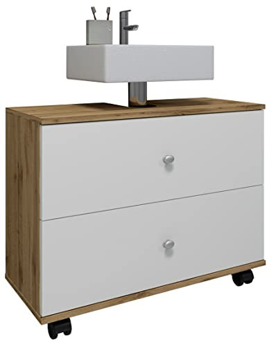VCM Holz Waschbeckenunterschrank | Badschrank | Maße: H. 61 x B. 60 x T. 33 cm | 2 große Schubladen | 4 Rollen - Nilosi L