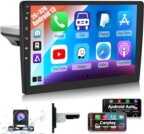 NHOPEEW 1 Din Android 13 Autoradio con senza fili Carplay e Android Auto -10.1 pollici Touch Screen Radio -WiFi GPS Navigazione Hi-Fi Audio + AHD Fotocamera di backup e microfono [2+32G]