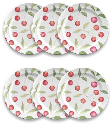 Tar Hong Bacche e ciliegie, piatto da insalata, 20,5 cm, in pura melammina, infrangibile, rosso e bianco, set da 6