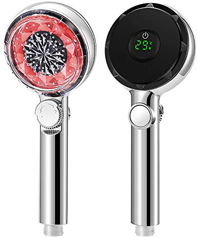 Surakey Led Duschkopf Bad Hand, Wassersparender Duschkopf mit Temperaturanzeige, Sparduschkopf Duschkopf, Hochdruck Duschkopf, Handbrause für Badezimmer, Rot