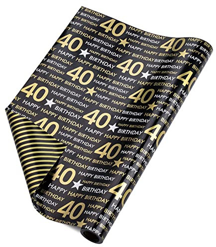 RUSPEPA Wende-Geschenkpapierrolle – 40 Jahre alter Geburtstag, Schwarz-Gold-Muster, ideal für Geburtstag, Party, Babyparty – 43,2 cm x 10 m