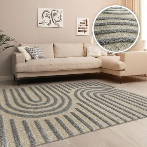 TT Home Wohnzimmer Teppich Hochflor Langflor Schlafzimmer Boho Design 3D Design Skandi Design Modern Unifarben, Farbe:Grau, Größe:160x220 cm