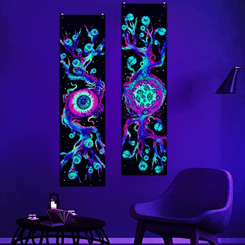 Uspring Schwarzlicht-Wandteppich mit Baum des Lebens, UV-reagierend, Motiv: Trippy Ranken, Galaxie, Weltraum, Hippie, abstrakter Wandteppich für Schlafzimmer (Auge + Baum, 33 x 120 cm, 2 Stück)