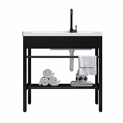 Fregadero De Cocina De Cerámica Comercial Con Soporte Fregadero De Lavandería De Cerámica Fregadero De Preparación Con Grifo De Colador Combinado Con Tabla De Lavar Incorporada ( Color : Black satnd ,