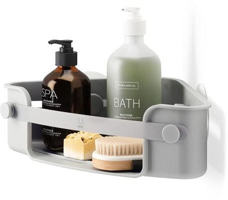 Umbra Flex Eckduschablage zum Kleben, Rostfreies Eckduschregal für Shampoo, Spülung, Duschgel, Seife, Luffaschwamm, Rasierer und Mehr, ohne Bohren, Kunststoff, Grau
