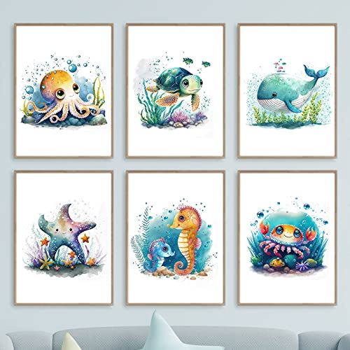 CAYBES 6 Stück Aquarell-Krake Wal Krabbe Schildkröte Seestern Wandkunst Poster und Drucke Ozean Kinderzimmer Leinwandgemälde Bilder Kinderzimmer Dekoration-30 * 40Cm (Ohne Rahmen)