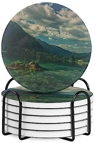 Coasters for Drinks, Round Absorbent Ceramic Stone Coasters Set of 6 with Cork Base, Funny Drink Coasters with Holder for Cold Drinks Wine Mugs and Cups Tabletop Protection, 4 Inches (Lake)