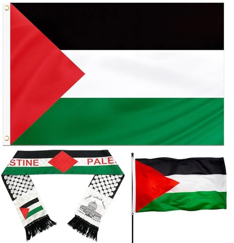 Bandera de Palestina 150 x 90 cm,Bufanda Bandera Palestina 135 x 14 cm,Bandera Palestina,Banderas Resistentes a la Intemperie para Exteriores,Bufanda para Hombres y Mujeres